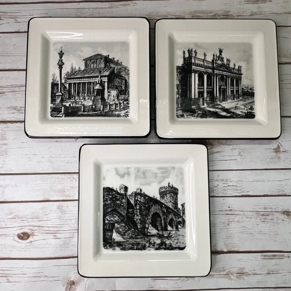 Brunelli Square Dinner Plates Cream Black Italian Architecture Set of 3 - 10in